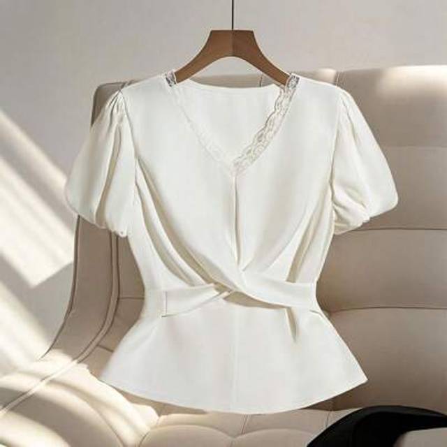 Franclia High-End Lace V-Neck Satin Short Sleeve Blouse With Tie Waist And Puff Sleeves
