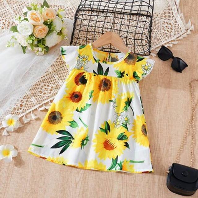 SHEIN Baby Girl Little Flying Sleeve Sunflower Dress Baby Fashion Cute Princess Dress