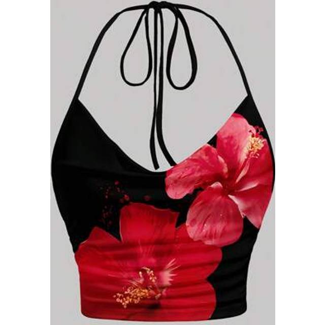 SHEIN Casual Minimalist Tie Neck Backless Tight Fitting Versatile Crop Top, Suitable For Summer, Floral Print, Suitable For Vacation, Music Festival,Springb