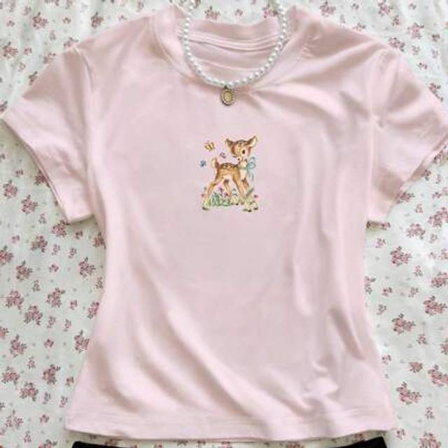 SHEIN Women&#39;s Casual Round Neck Short Sleeve Deer, Flower & Butterfly Print T-Shirt, Summer