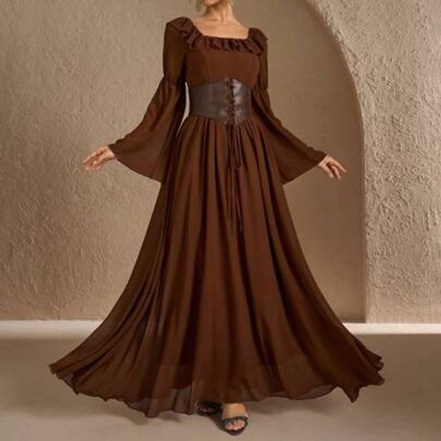 SHEIN Women&#39;s Solid Color Square Collar Ruffled Hem & Faux Leather Waist Belt Decor Maxi A-Line Long Sleeve Dress