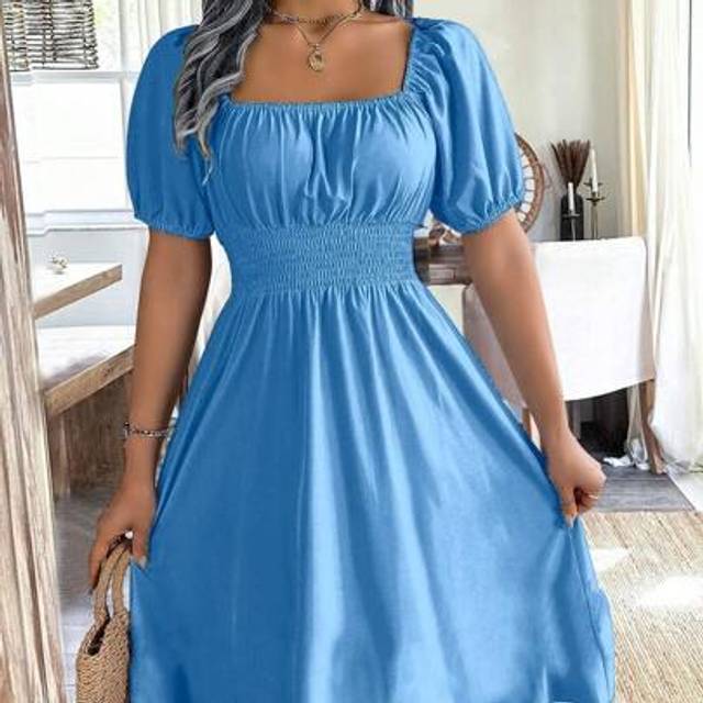 SHEIN Green Women&#39;s Square Neck Puff Sleeve Empire Waist Dress, Spring/Summer