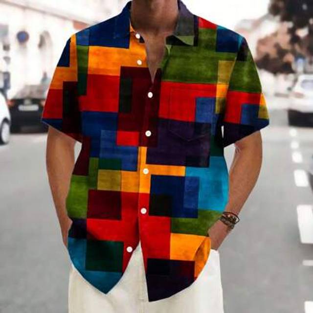SHEIN Vintage Geometric Colorblock 3D Digital Print Button Down Short Sleeve Casual Shirt For Men, Plus Size