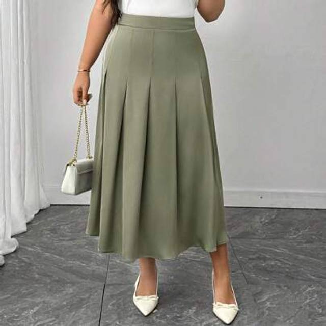 Franclia Plus Size Women Solid Color Pleated Long Elegant Commuting Skirt