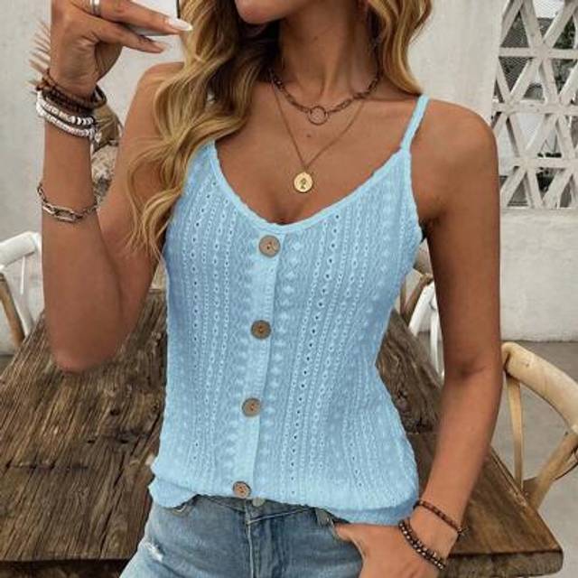 SHEIN Women&#39;s Fashion Hollow-Out Jacquard Textured Racerback Camisole Top, Bohemian Style Button Strap Tank