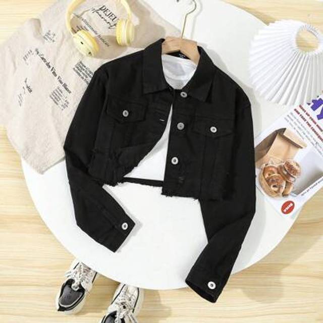 SHEIN Teen Girls&#39; Long Sleeve Single Breasted Frayed Edge Casual Denim Jacket