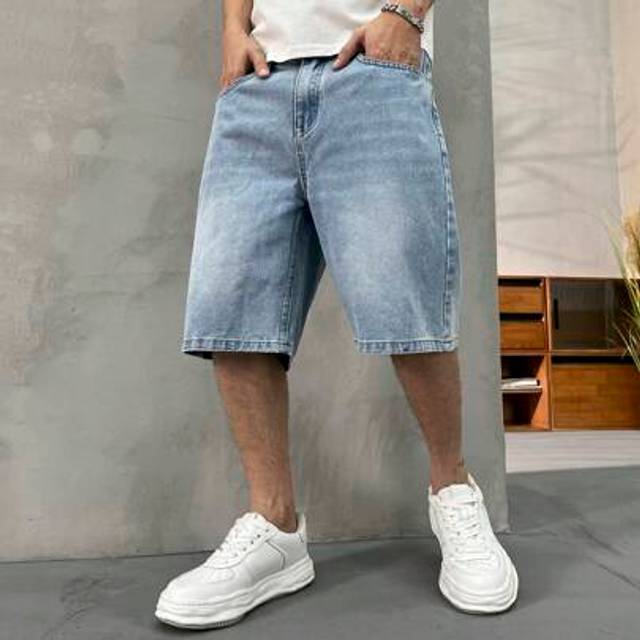 SHEIN Men&#39;s Front Button Pocket Casual Denim Shorts, Vintage Washed Blue Classic American Street Style Bermuda Denim Shorts Jorts, Great Gift For Boyfriend/