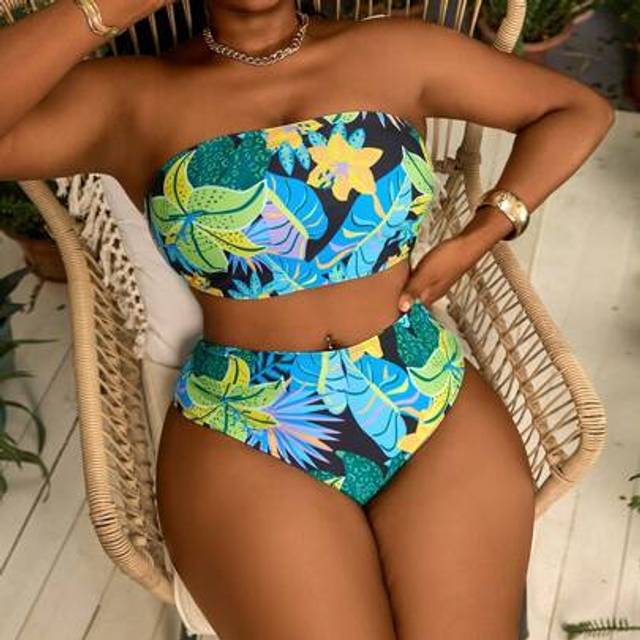 Slaydiva Plus Size Women Tropical Plant Print Bandeau Sexy Bikini Set Summer Beach Bandeau Bikini Swimsuit