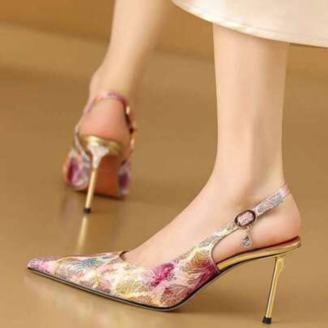 SHEIN 8cm Designer Unique Printed High Heel Sandals For Women, Pointed Toe, Vacation Style, Summer