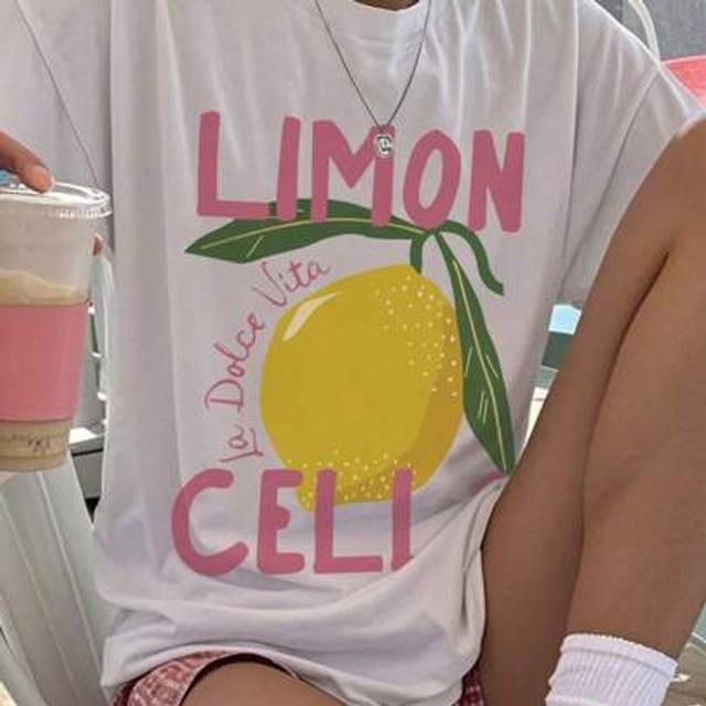 SHEIN Teen Girls Lemon Print Round Neck Short Sleeve T-Shirt
