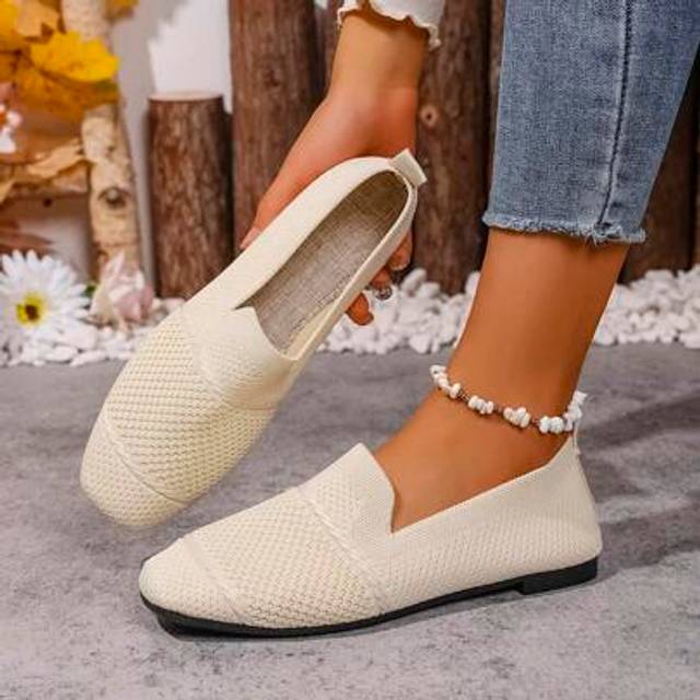 SHEIN Women&#39;s Knitted Flat Loafers, Comfortable Square Toe Slip-On Shoes, Breathable Mommy Shoes For Spring And Autumn