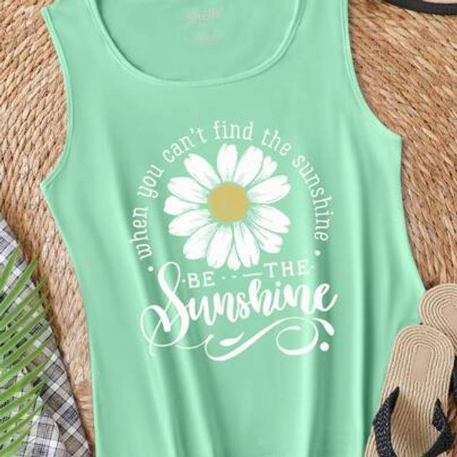 Calvaya Plus Size Summer Women&#39;s Sleeveless Top With Letter And Flower Patterns &#39;When You Can&#39;t Find The Sunshine BE THE Sunshine&#39; Graphic Tank Top