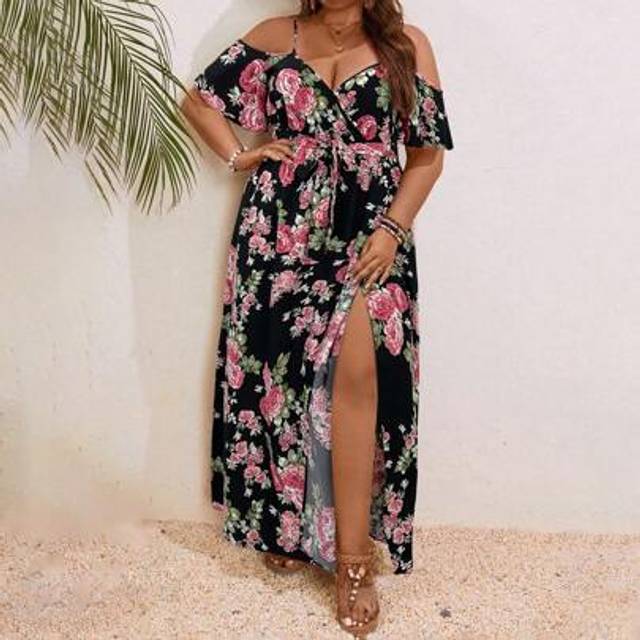 SHEIN Plus-Size Romantic Floral Print Wrap Collar Maxi Dress,Sundress