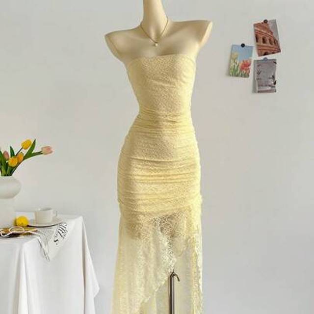 Soleia Plus Size Asymmetrical Hem Low Waist Ruffle Sleeveless Dress, Light Yellow, Holiday Style Bohemian Boho  Romantic Floral  Vacation Floral