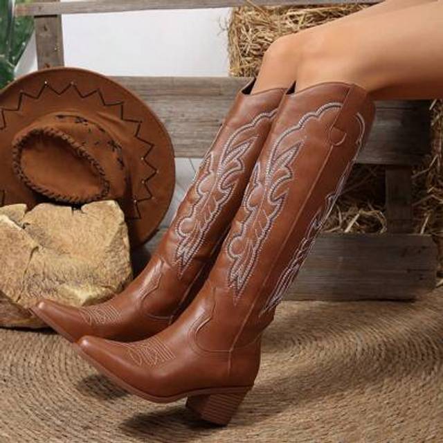 SHEIN 2025 Spring Autumn Retro Embroidered Western Cowboy Boots, Women Long Shaft Desert High Riding Boots