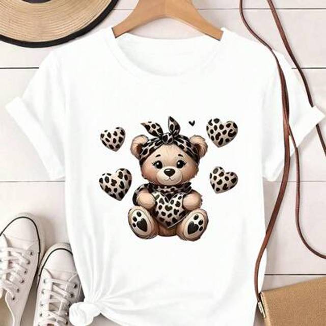 SHEIN Cute Leopard Print Heart & Bear Graphic T-Shirt, Casual & Fashion For Spring/Summer
