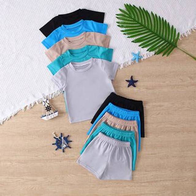 SHEIN 10pcs/Set Boys&#39; Casual Solid Color Knit T-Shirt & Shorts Outdoor Set, Spring/Summer