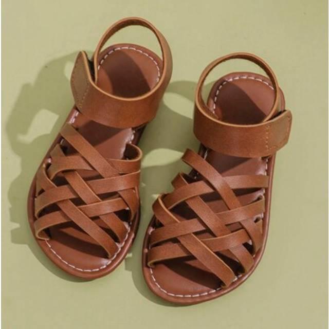 SHEIN 1 Pair Toddler & Kids Brown Color Block PU Braided Adjustable Strap Peep Toe Flat Sandals, Casual Comfortable Non-Slip Cute Roman Sandals Suitable For