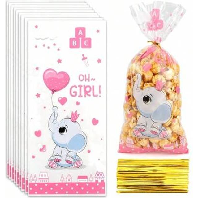 SHEIN Baby Shower Treat Bags, Cute Elephant Cellophane Treat Bags,50 PCS Pink Candy Bags, Plastic Gift Bags Cooikes Goodie Bags With Twist Ties For Baby Sho