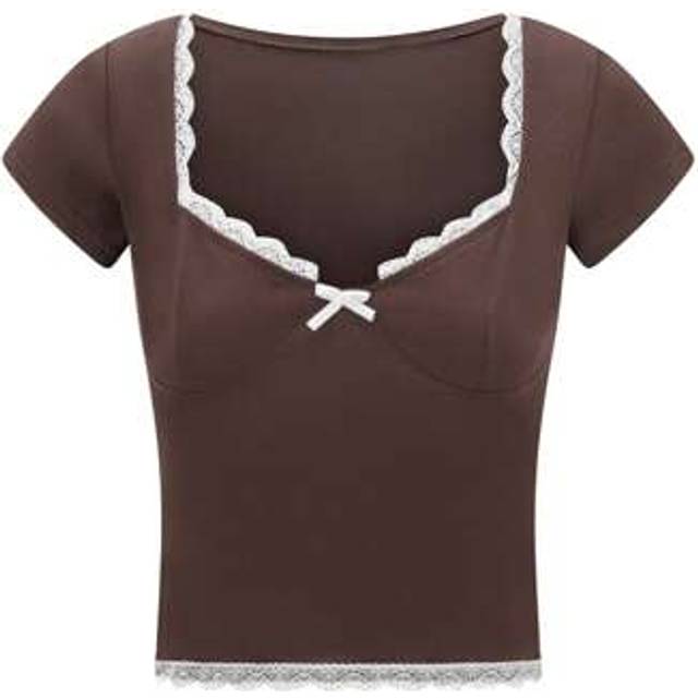 SHEIN Women&#39;s Lace Trim Cropped Tops Short Sleeve Sweetheart Neck Mini Bow Front Sweet Slim T-Shirt