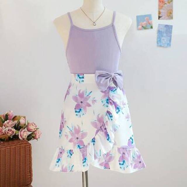 SHEIN 2pcs Tween Girl Floral Print Spaghetti Strap Top And Ruffle Hem Bowknot Skirt Set, Purple