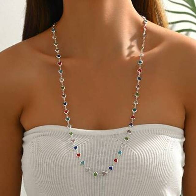 SHEIN 1pc Bohemian Style Random Color Glass Heart Pendant Long Necklace For Women, Vacation/Party/Shopping Valentines