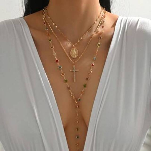 SHEIN 3pcs/Set Vintage Religious Jesus Cross Pendant Necklace, Colorful Crystal Beaded Long Chain, Fashion Jewelry Suitable For Daily Wear, Street, Photo Ta