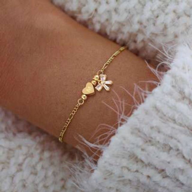 SHEIN 1pc New Vintage Fashion Heart Initial Artificial Crystal Bowknot Golden Stainless Steel NK Chain Bracelet For Women