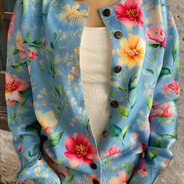 SHEIN New Women Button Floral & Leaf Printed Lightweight Cardigan, Round Neck Long Sleeve Casual Minimalist Style Knit Sweater