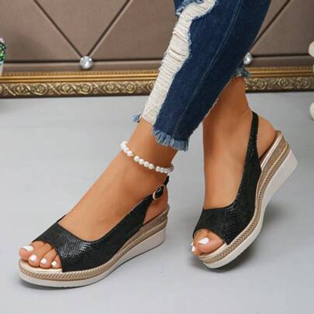 SHEIN Women&#39;s New Snake Skin Pattern Thick Platform Wedge Sandals, Black Color, Fashionable Peep Toe Waterproof High Heels