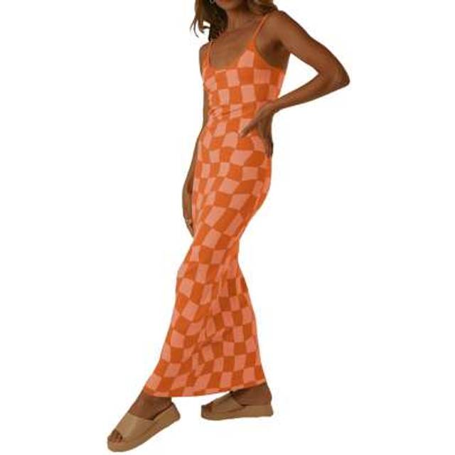 SHEIN Women Slip Dress Checkerboard Print Sleeveless Spaghetti Strap Low-Cut Backless One-Piece For Summer, S/M/L