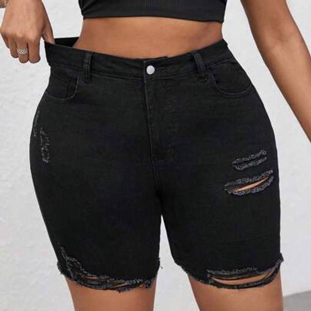 SHEIN Plus Size Women&#39;s Black Denim Elastic Skinny Ripped Shorts Summer Summer Outfits For Women Vacation Outfits Women Cowgirl Outfits For Women Western We