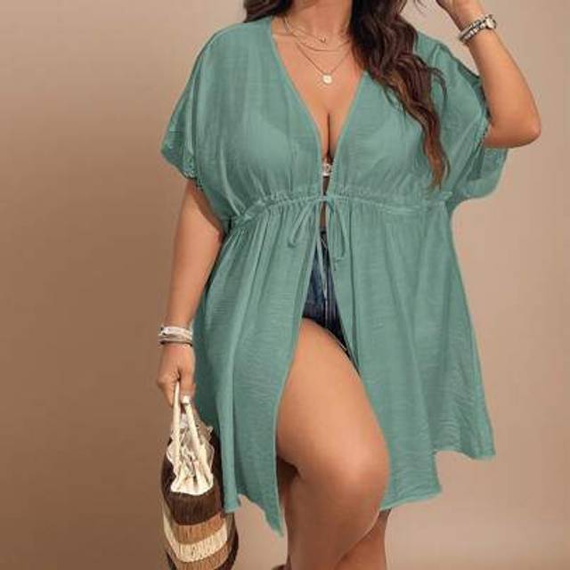 SHEIN Plus Size Women Beach Cover-Up Solid Color Waist Tie Batwing Short Sleeve Kimono ,Country Concert Outfit