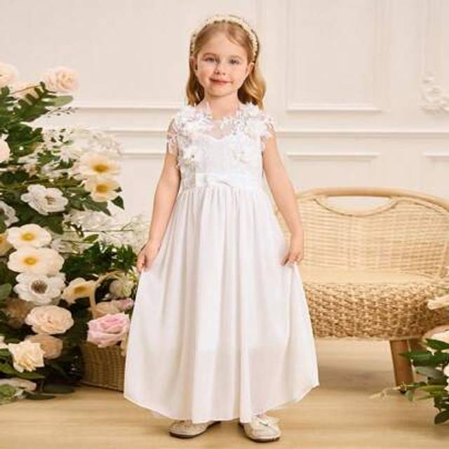 SHEIN Girl Kid Short Chiffon Dress With Front Applique, Wedding Season Young Girls Dresses Formal Young Girls Formal Dress Young Girls Clothing Dresses