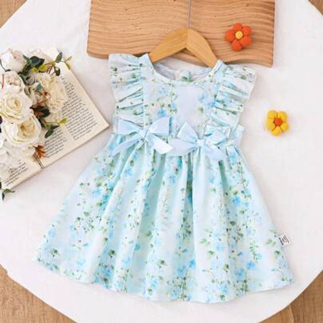 SHEIN Baby/Toddler Girl Sweet & Cute Loose Comfort Woven Floral Pattern Bowknot Front Ruffle Sleeve Pink Casual Dress, Spring/Summer New Arrival