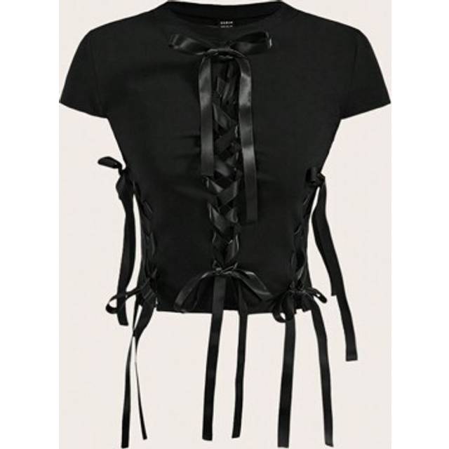 SHEIN Summer Kawaii Balletcore Braid Bow Ribbon Short Sleeve Round Neck T-Shirt K-Pop Club Holiday