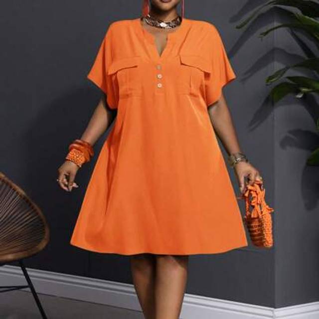 Slaydiva 2025 New Arrival V-Neck Short Sleeve Loose Casual Mini Shirt Dress With Pockets, Elegant Business Casual Design For Women,Summer Outfits For Women,Sun