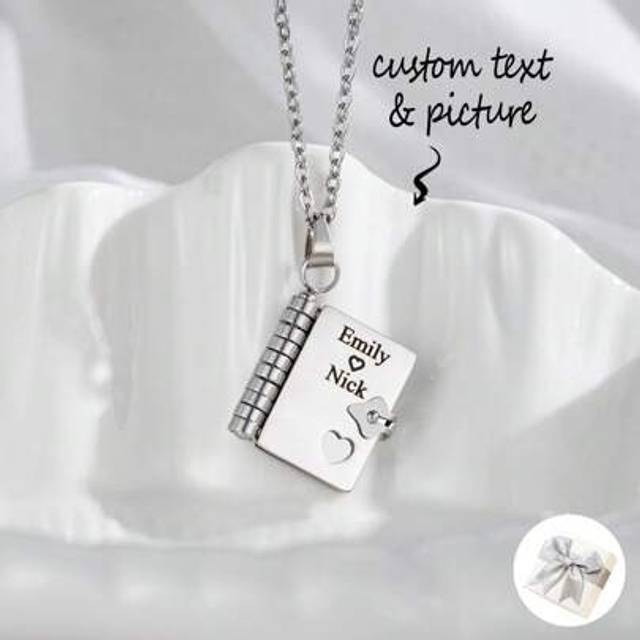 SHEIN 1pc Minimalist Custom Engraved Envelope Pendant Necklace,Personalized DIY Letter Notebook Necklace With Heart,Custom Engraved Multiple Texts Photo Cou