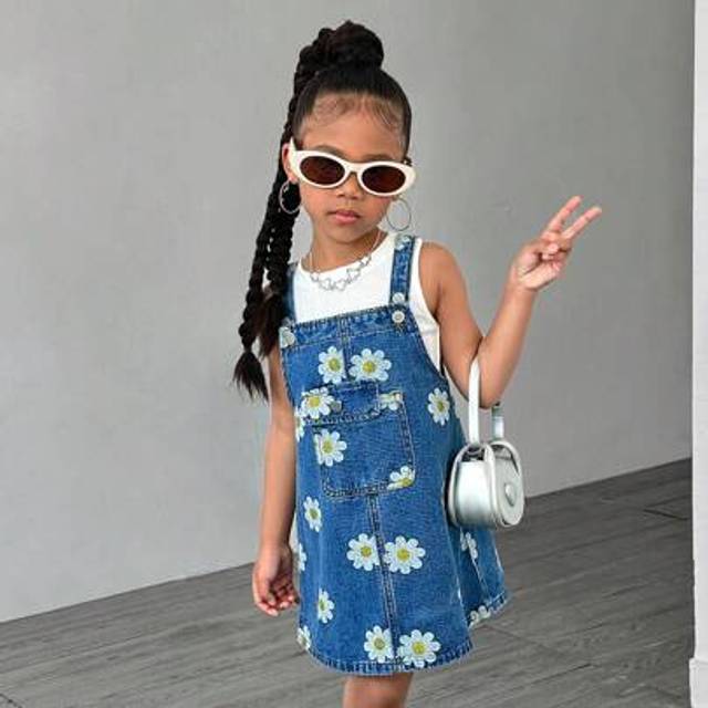 SHEIN Summer Floral Print Denim Dress For Young Girl, Cute & Casual For Daily Wear