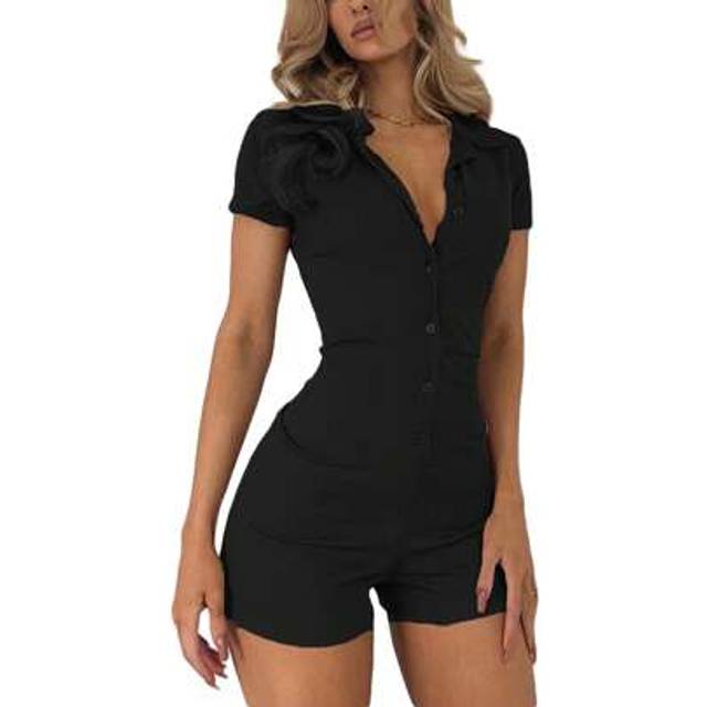 SHEIN Women Short Jumpsuit, Short Sleeve Turn-Down Collar Button Closure Solid Playsuit For Party