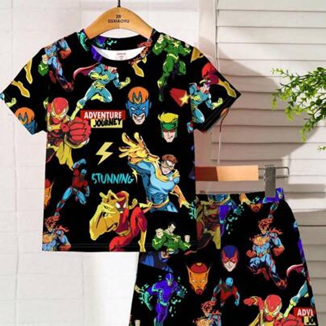 SHEIN Boys Casual Fitted Crew Neck Short Sleeve Shorts Pajama Set, Snug Fit, Suitable For Spring And Summer
