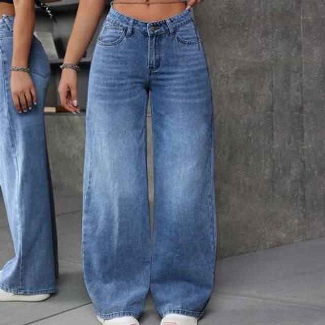 SHEIN Women&#39;s Loose V-Neck Low-Waist Flared Wide-Leg Jeans With Pockets