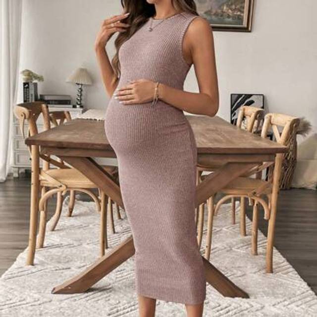 SHEIN Pregnant Women Solid Color Crew Neck Rib Knit Casual Tank Dress