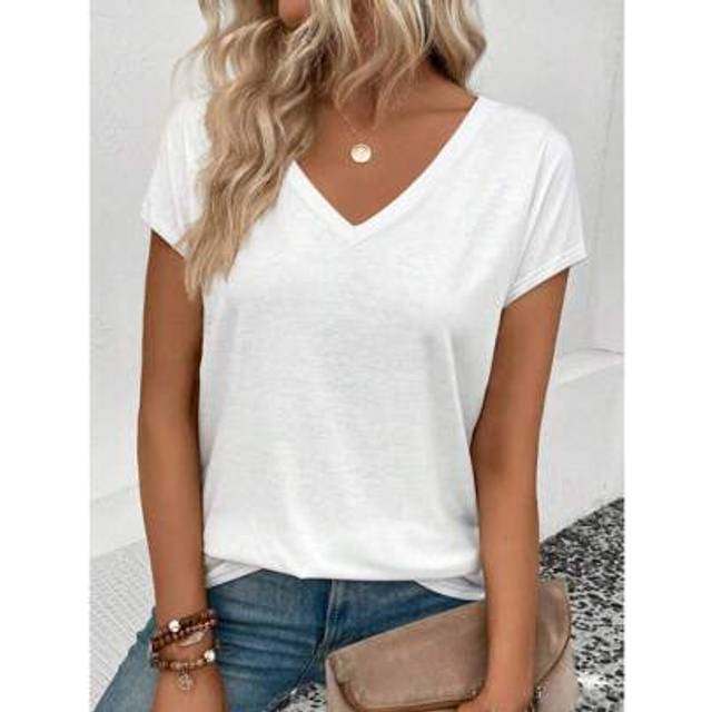 SHEIN Women&#39;s Summer Solid Color V-Neck Short Sleeve Casual T-Shirt