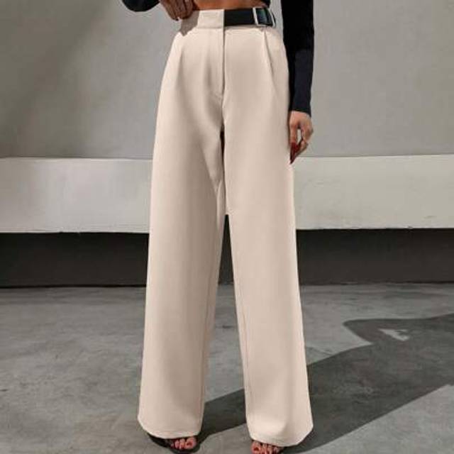 SHEIN Elegant Style, Half Faux Leather Belt Detailed Straight Fit Pant Women S Bottoms
