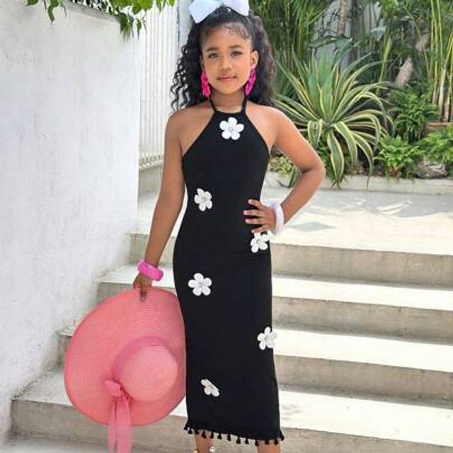SHEIN Tween Girl Elegant Floral Print Halter Neck Snug Fit Vacation Dress