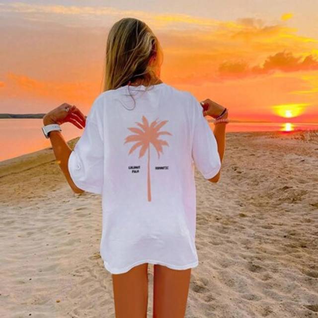 SHEIN Ladies&#39; Summer Leisure Vacation Style Coconut Tree Slogan Printed Round Neck Short Sleeved T-Shirt Fashionable And Versatile Women&#39;s Top Suitable For