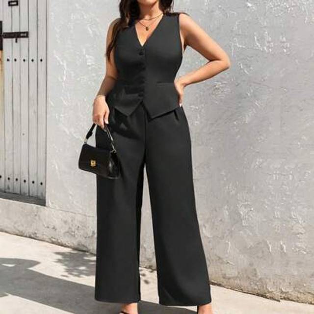 SHEIN Plus Size Women&#39;s Solid Color Button Sleeveless Vest With Blazer Work Suit, Elegant For Daily Commute And Office, Spring/Summer