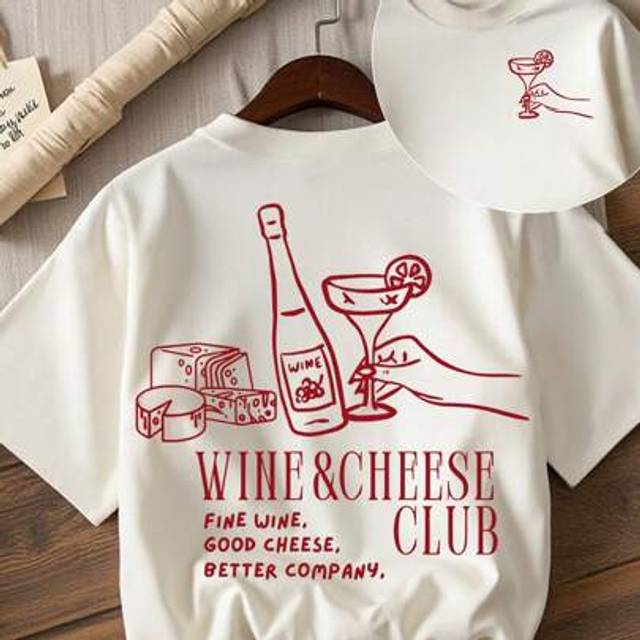 SHEIN Women&#39;s Wine And Cheese Club Graphic Print Round Neck Short Sleeve T-Shirt