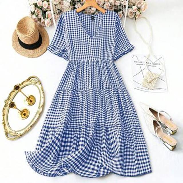 Luneh Plus Size Women&#39;s Summer Classic Black & White Plaid V-Neck Puff Sleeve Ruffled Hem Casual Mid-Length Dress